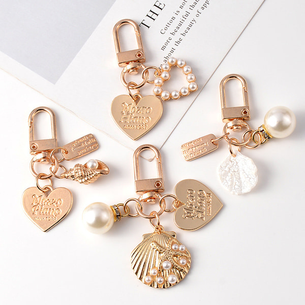 Faux Pearl Keychains Metal Heart Shell Key Chain Charms Key