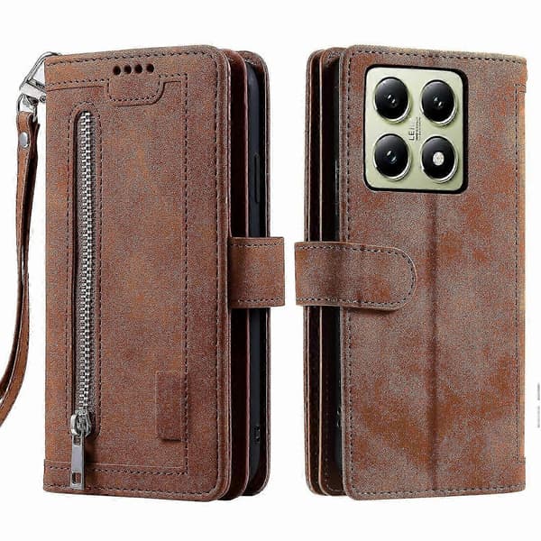 Blixtlåsväska Pu-telefonfodral för Xiaomi 14t Pro Brown
