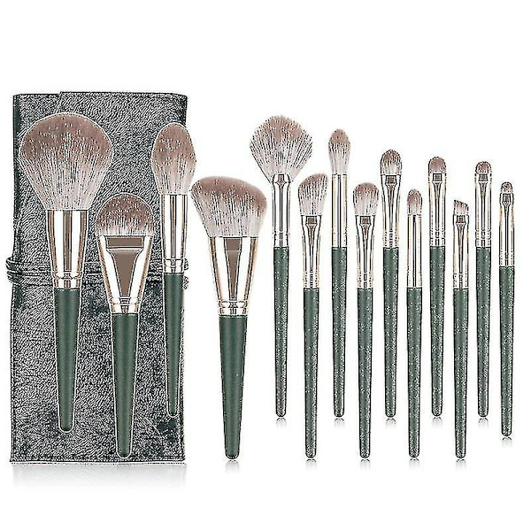 Makeupborstar 14 st/set Grön Makeupborste Med Väska Kosmetika Skönhetsverktyg Foundation Puder Rouge Storlek 14 st