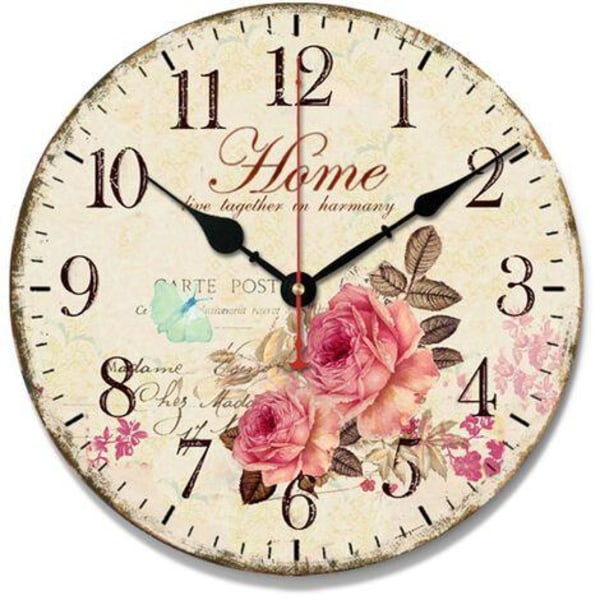 30 cm rosa blommor väggklocka, retro trä väggklocka för vardagsrum, sovrum och kök, högkvalitativa färgglada kvarts tysta runda väggklockor (1 st)