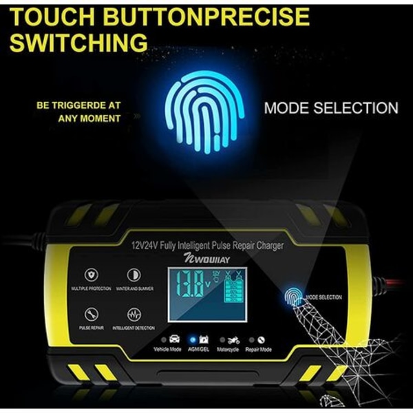 8A 12V/24V bærbar smart batterilader med LCD-berøringsskjerm