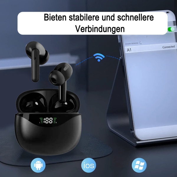 Trådlösa hörlurar, Bluetooth 5.1-hörlurar med LED Digital black