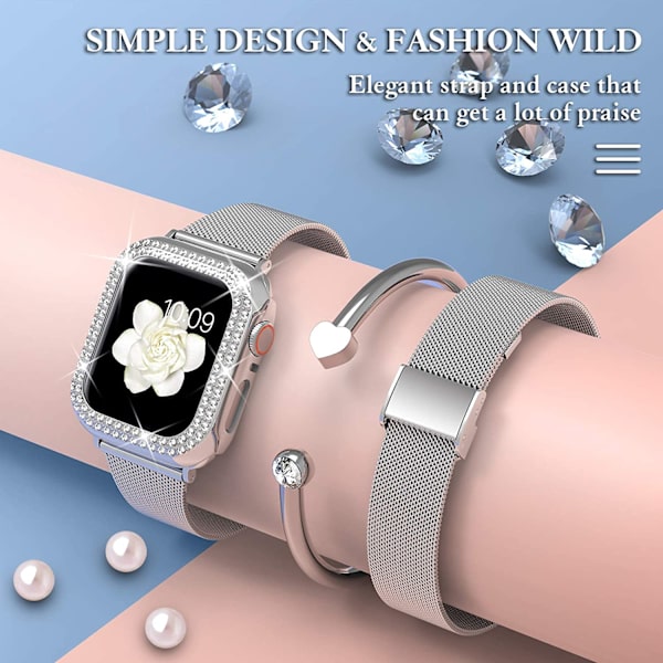 Kompatibel med Apple Watch-rem med etui, rustfritt stål for kvinner og jenter
