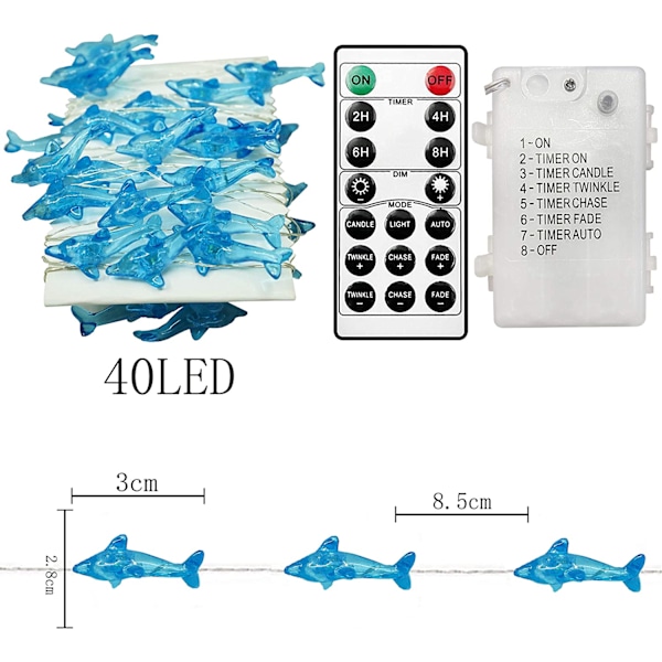 Delfiinin muotoiset koristeelliset valosarjat, 10ft 40 LED 8 tilaa viileä valkoinen