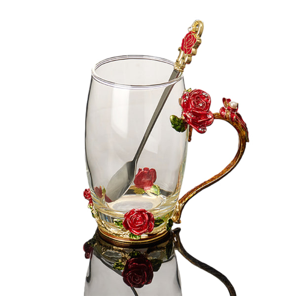 1 sett roseglass med skje tekopp kaffekopp egnet for gavegiving