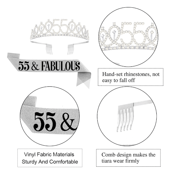 55-års fødselsdagssash og kronehårbånd til kvinder, fødselsdagskrone til festlig 55-års fødselsdagspynt