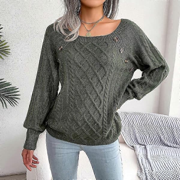 Damstickad tröja mysig tröja rea dam hösttröja snygg fast pullover rundhalsad tröja green M