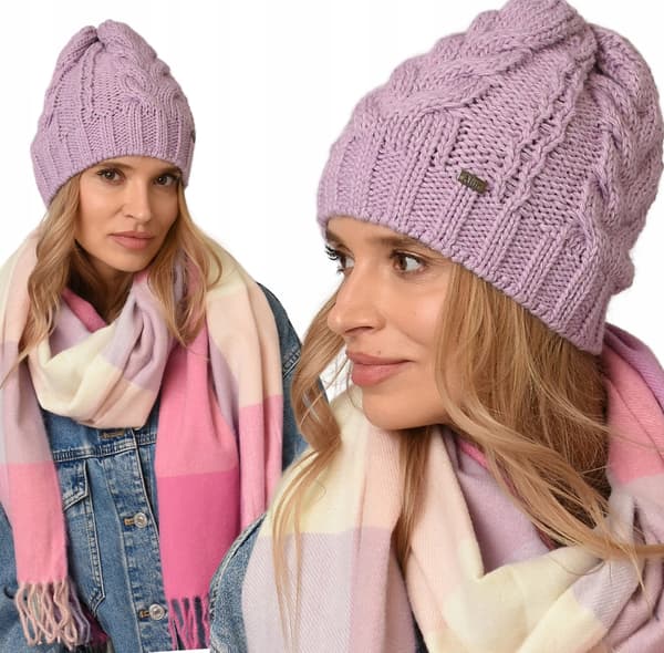 Flätad stickad mössa för vinter och höst MODN UNI A4 lila 0.0