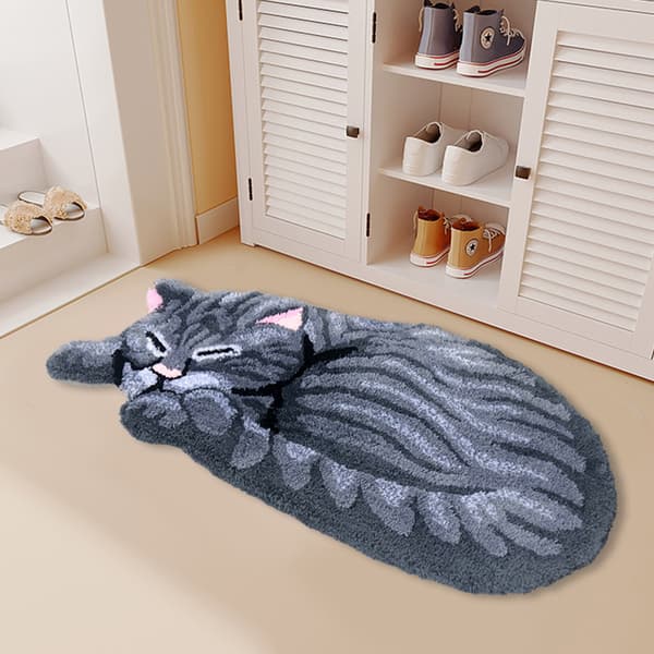 Cat mat, doormat with sleeping tabby cat design grey grey[TT] grey 84*45CM