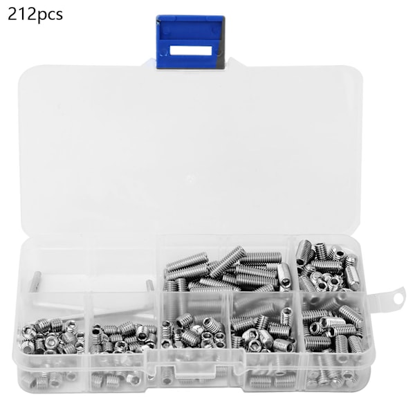 212-dels M5 Hex Socket Flat Point Set Skruv 304 Rostfritt Stål Grub Skruv Kit med Hex Nyckel