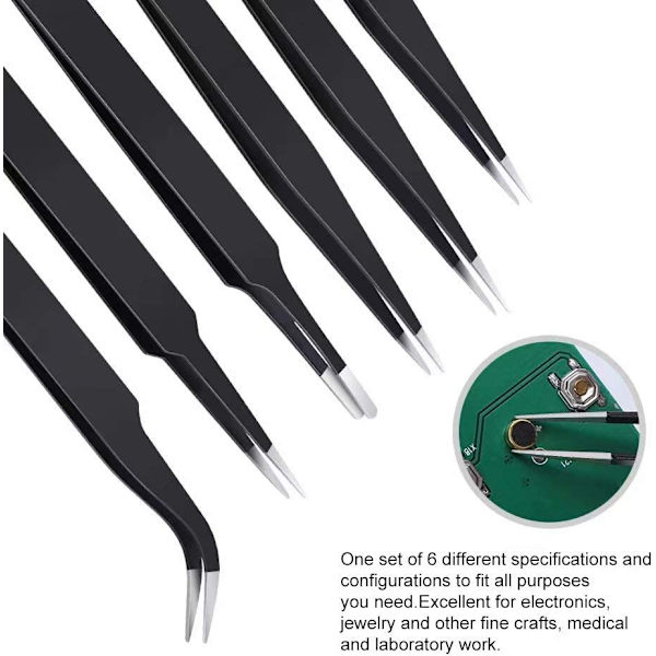6-delad precisionspincettset, uppgraderad antistatisk rostfritt
