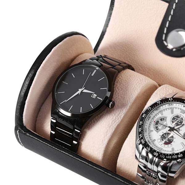 3 Grids Cylinder Watch Roll Holder Wristwatch Display Case Jewelry Gift Storage Box (Svart)