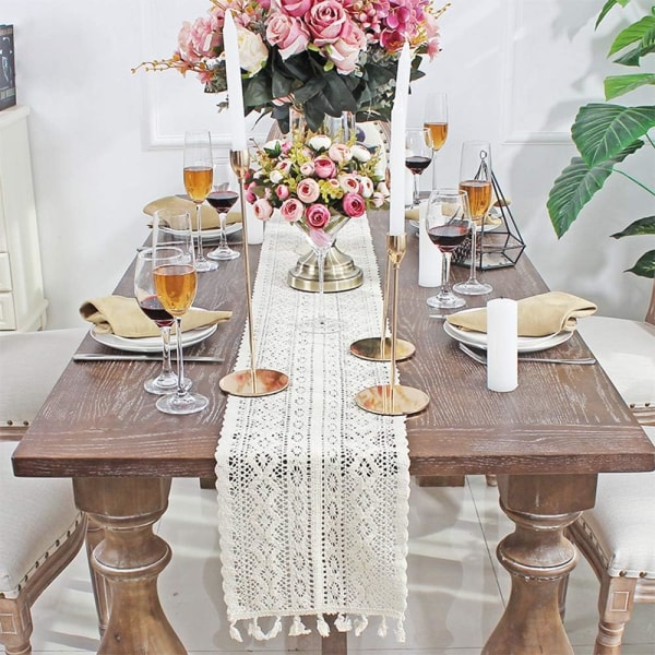 Beige Macrame Bordløber Rektangulær Hæklet Blonde Elegant Dug med hult net til rustik Boho Bryllupsdekoration Brude- og babybruser