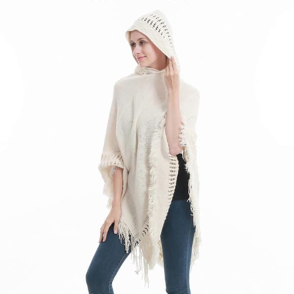 Strikket hætteponcho til kvinder, ensfarvet hæklet sjal med kvaster, oversized pullover-kappe LKH