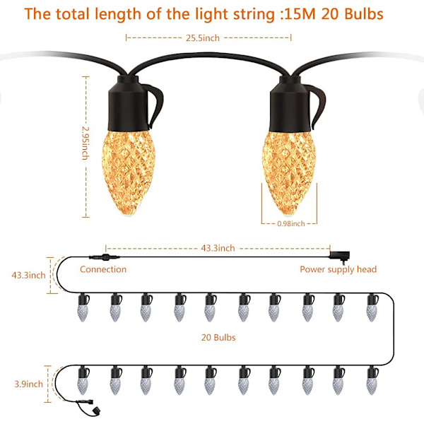 Utomhus String Lights 49ft splittersäkra LED Utomhusljus Vatten