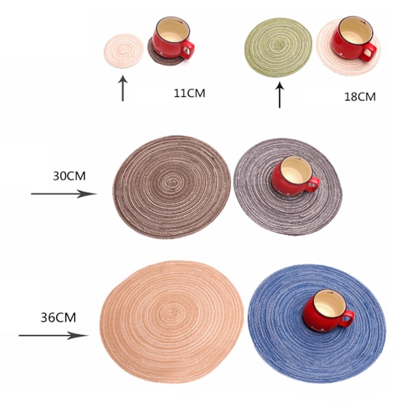 6 runde plassmatter, sklisikre, anti-varme, isolerte, dekorative vevde plassmatter i khaki for familiecafeer