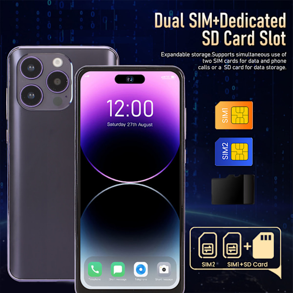 15promax Ultratunn 6,6-tums Ansiktsupplåsning 4GLTE Telefon med Bluetooth-hörlurar 8GB 128GB 8MP 24MP MT6735 Octa Core CPU för Android 13 100‑240V Lila