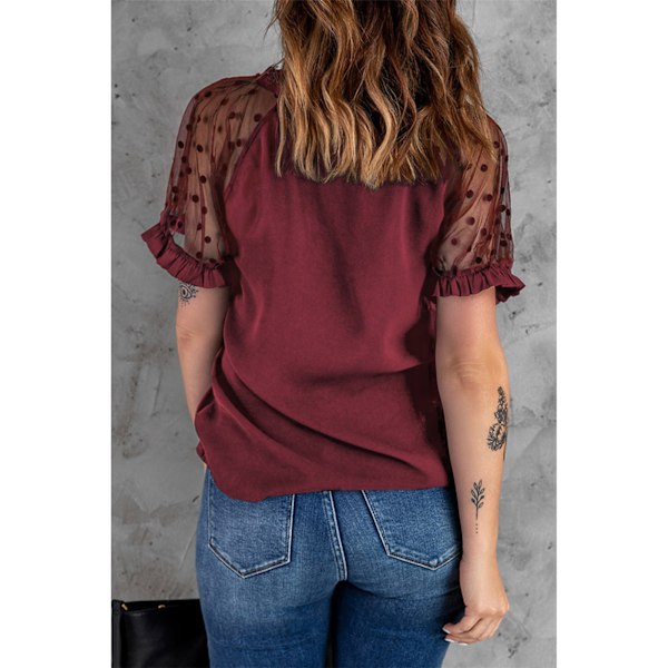 Mesh Dot Kortärmad Topp Dam Casual Elegant Stilren Enfärgad V-ringad Spetsskjorta Blus för Arbete Röd L