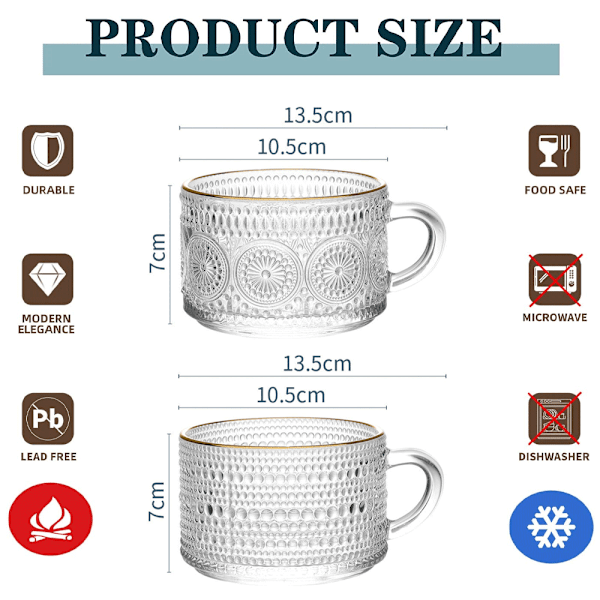 2 stk 400 ml glas kaffekopper sæt, præget tekopper til cappuccino, latte, korn, yoghurt, drikkevarer
