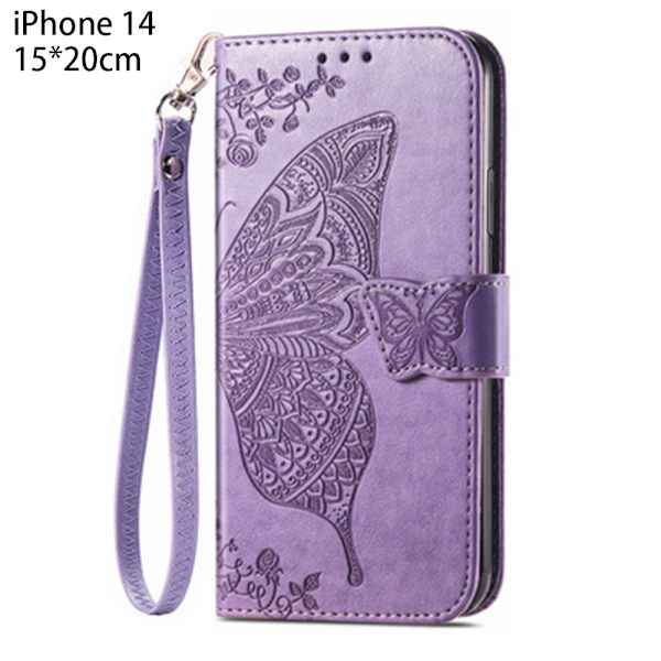 PU Læder Stativ Kortholder Strap Flip Cover til iPhone 14