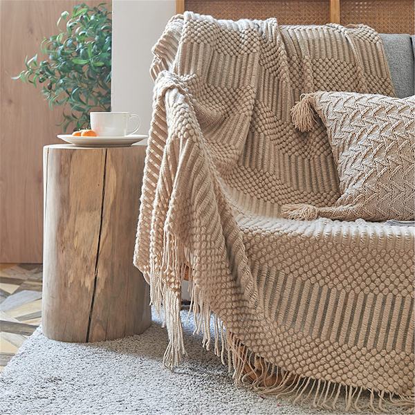 Sängöverkast Boho filt Mjuk stickad filt Vändbar filt Gosig filt Soffa filt Sofffilt Överkast Khaki 130 x 150 cm