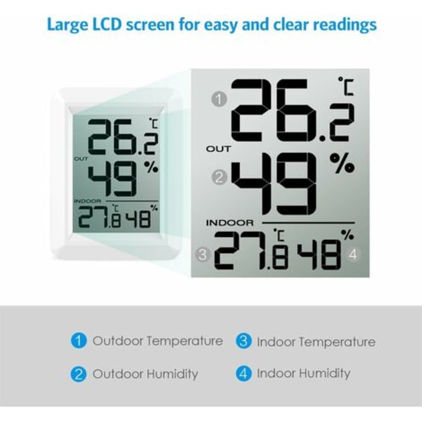 Indendørs og udendørs termometer, tilsluttet termometer med trådløs udendørssensor, digital hygrometertermometer med stort LCD-display, ?/?-kontakt, til kontor, hjem, soveværelse