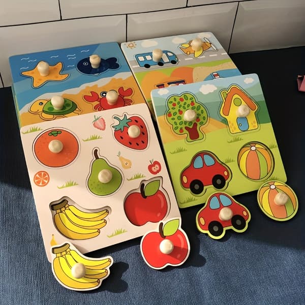 Wooden 3D Puzzle Toy Multi-Theme Hand-Picking Board Cognitive Learning Geometric Shapes Hand-Eye Coordination Gift Fruit
