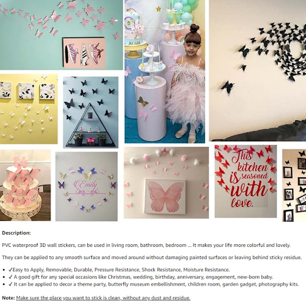 48 kappaletta DIY peiliperhonen yhdistelmä 3D perhonen seinätarra seinätaidekoriste