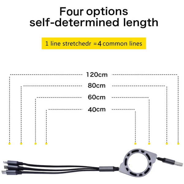 4Ft/1,2m Multi Retractable Fast Charger Cord 3A, 2Pack 3-i-1