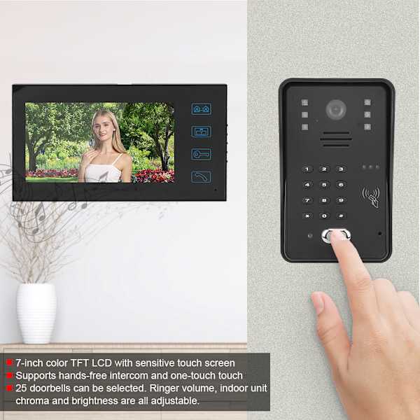 7 tum TFT LCD Dörrklocka Fjärrkontroll Lösenordskort Videodörrtelefon Regnsäker Intercom 100-240V (EU-kontakt)