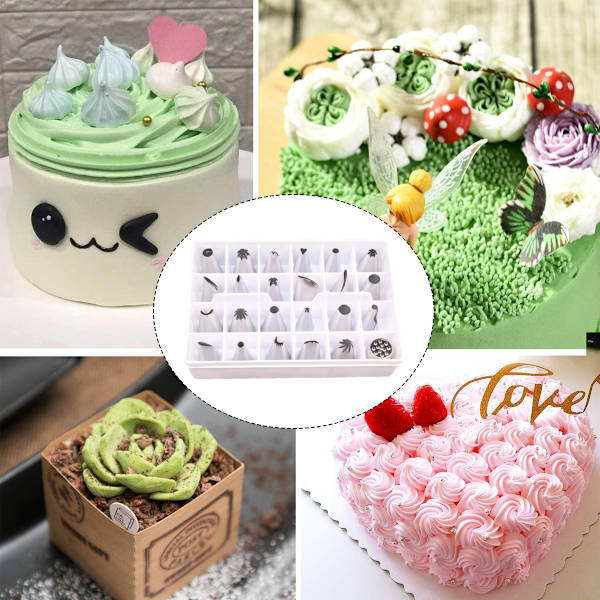 Kagedekorationssæt 24 professionelle rustfrie stål DIY frosting genanvendelige forbindelser og opbevaringsbokse