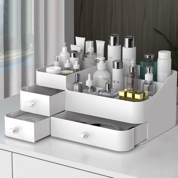 Stor makeup organizer, velegnet til smykker, børster, læbestifter og cremer, kosmetik, med 3 skuffer, 8 rum