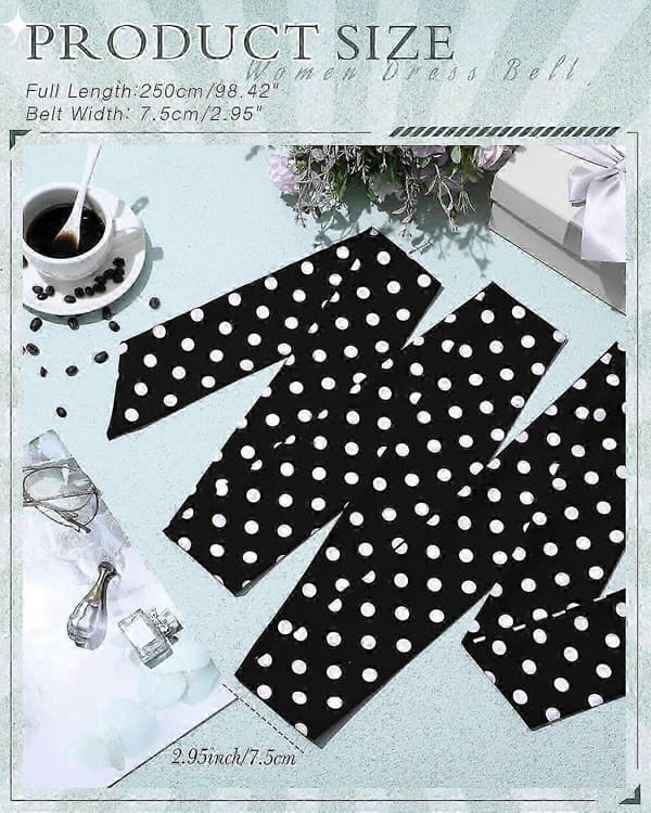 Elegant Chiffonbelte for Kvinner til Kjoler - 50-talls Stil Brudebelte til Bryllup - 7,5 cm Bredt Tilbehør Solid Black Polka Dots