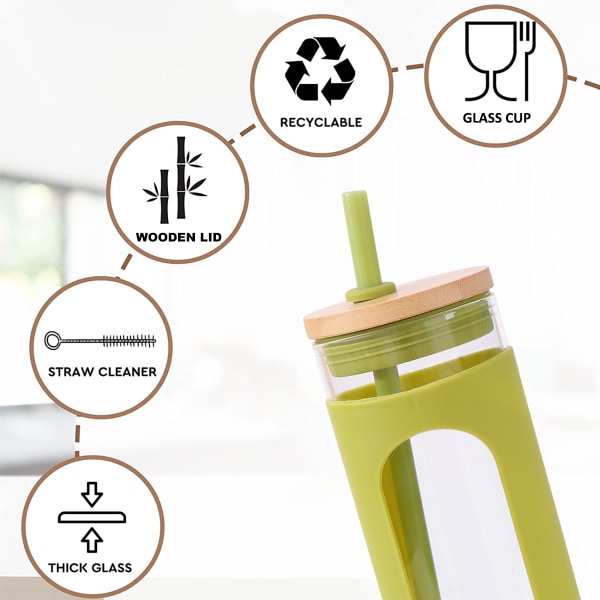 600 ml glasglas, med bambusdæksel og sugerør, spildsikker glasflaske, med silikonebeskyttelsesdæksel, uden BPA.