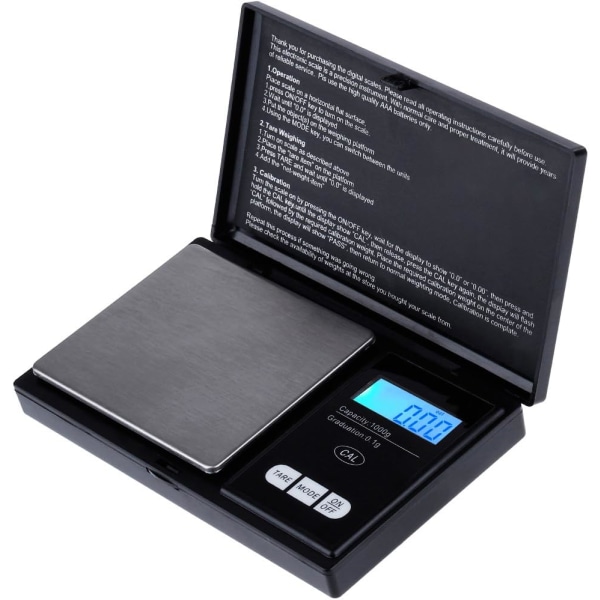 Digital lommevekt 1000g x 0,1g, kjøkkenvekt, smykkevekt Mini elektronisk lommevekt-svart