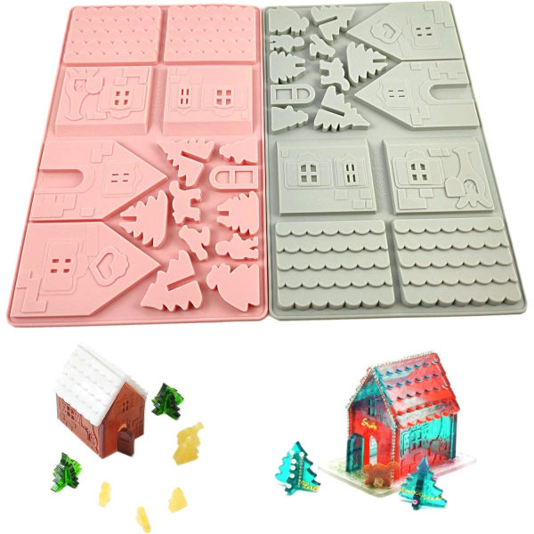 3D Christmas House Molds set om 2, Pepparkakshus
