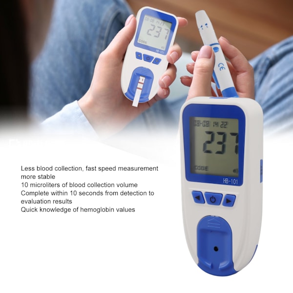 Hemoglobiinimittari, kotitalouskäyttöön, analysaattori, hemoglobiinitestin sarja, verinäytteenottimella, verinäytteenottopiikillä, testiliuskoilla, malli HB 101