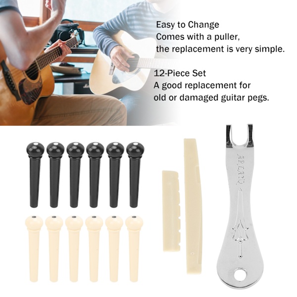 12 stk. Akustisk Gitarbro Pinsett Folk Streng Peg Kit Tilbehør med Sadelmuttertrekker