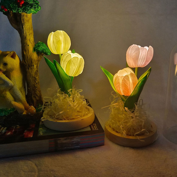 Oplyste tulipaner i glaskuppel Kunstig LED-tulipan Blomsternattlys til mors dag