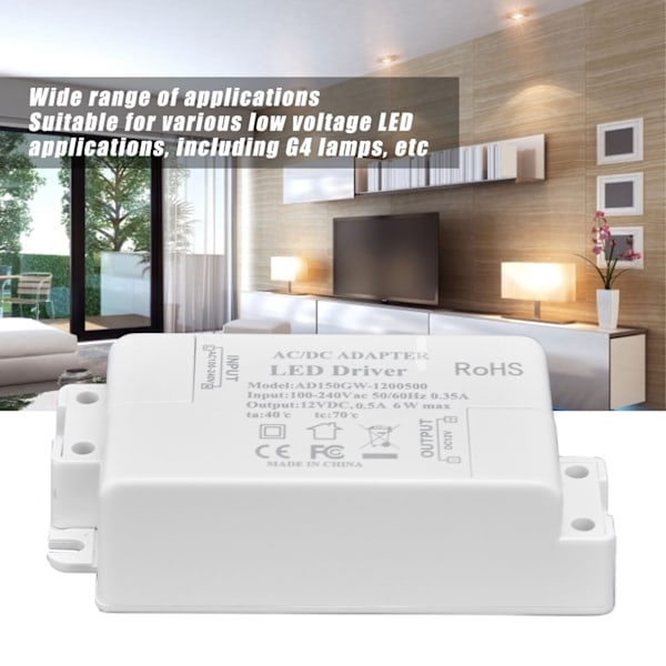 Effektiv AC till DC-omvandlare, LED-drivare för LED-belysningslösningar, perfekt för G4-lampor, MR11/MR16/GU3-spotlights, LED-ljusramper, CCTV-kameror,