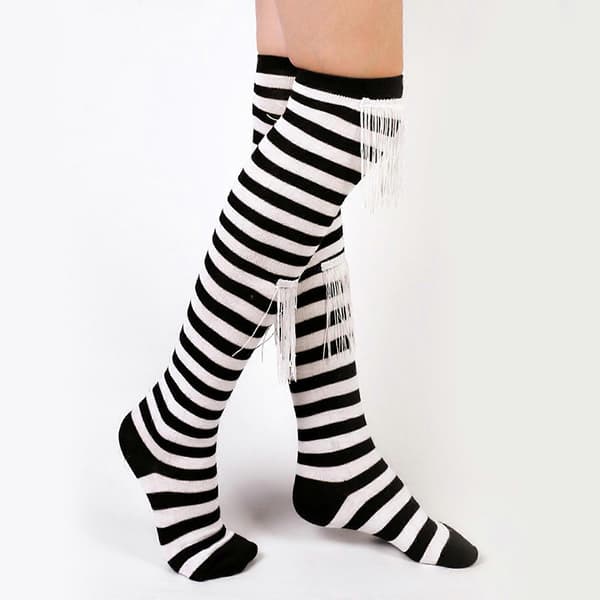 Over-knee lange strømper til kvinder og piger med kvaster, patchwork, julestribede lårhøje strømper til fest og kostume, sort Black