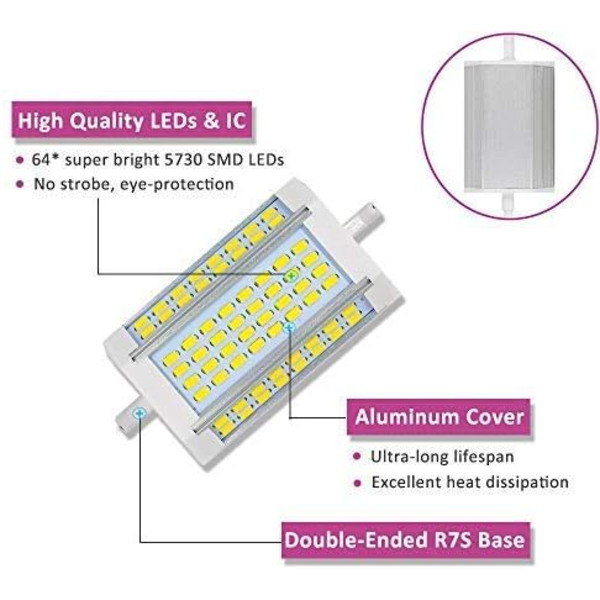 R7S LED-pære 118mm 30W dæmpbar, 3000LM, kølig hvid 6000K, R7S J118 200W 300W halogenpæreækvivalent, 200 graders lys, R7S 118mm dæmpbar LED