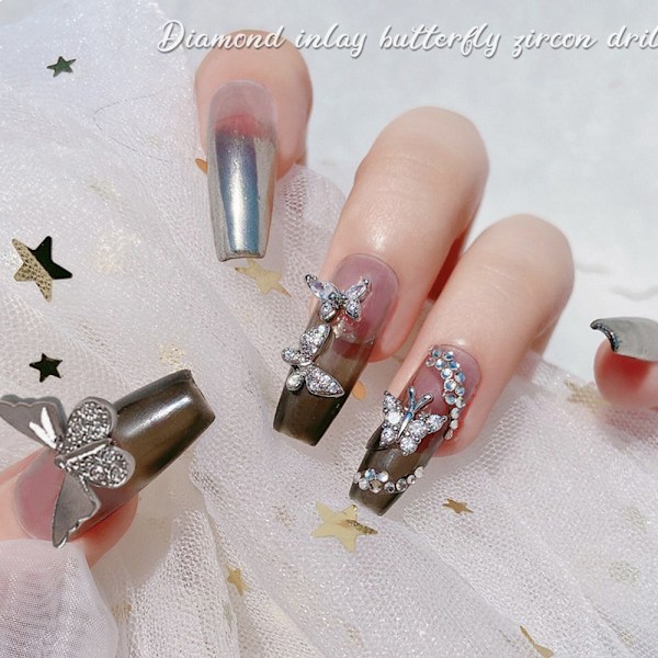 3D Silver Butterfly Nail Charms, 12 st Alloy Butterfly Nail Art Charms Shiny Zircon Nail Rhinestones Crystal för Naglar Dekor Nail Art Nail Tillbehör