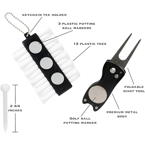 Presentset med golftillbehör - golfhandduk, golfklubbborste med spårrengörare, hopfällbart divot-reparationsverktyg med bollmarkör, golfbollmarkör och golf