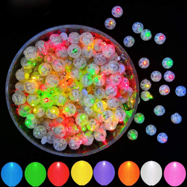 100 stk flerfargede LED-ballonglys, blinkende runde mini-LED