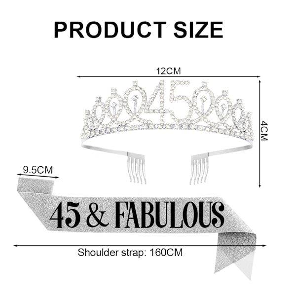 45-årsdag Sash og Krone Hårbånd for Kvinner, Bursdagskrone for Happy 45-årsdag Bursdagsfestdekorasjoner