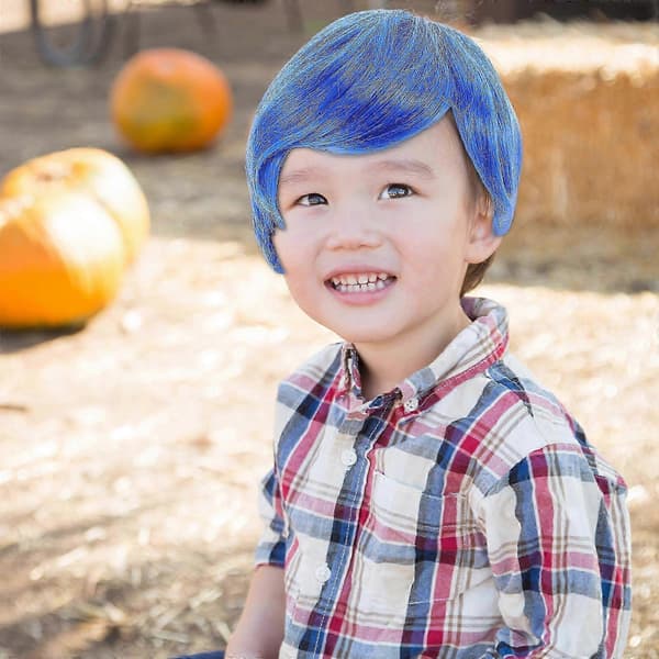 Blå kort syntetisk peruk för barn till Halloween-cosplay