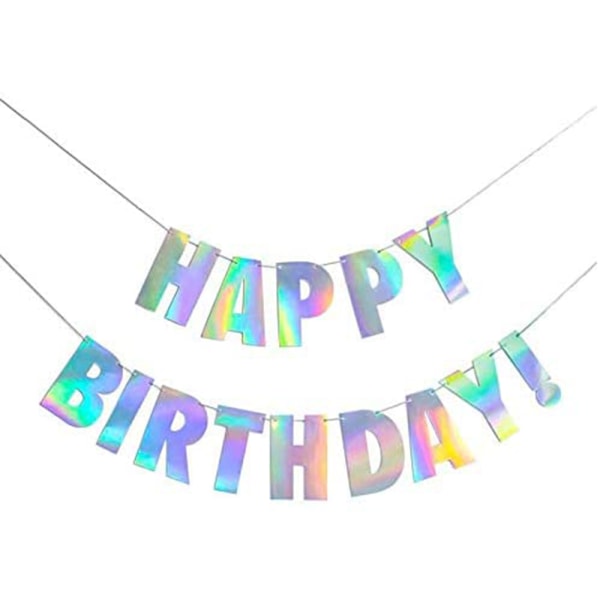 Holographic Happy Birthday Banner, Iridescent White Hanging Bunt