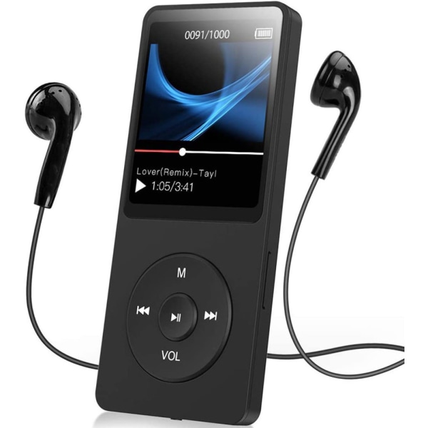 AGPTEK MP3-afspiller Bluetooth 5.0 Sport 32GB med 1,5 tommer TFT-farveskærm, mini musikafspiller med klip, understøtter op til 128GB SD-kort, med
