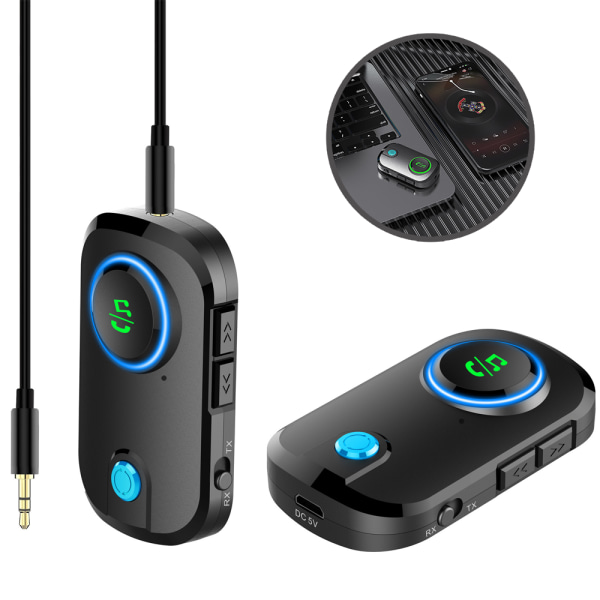 Bluetooth 5.0-sender og -modtager med mikrofon, 3-i-1